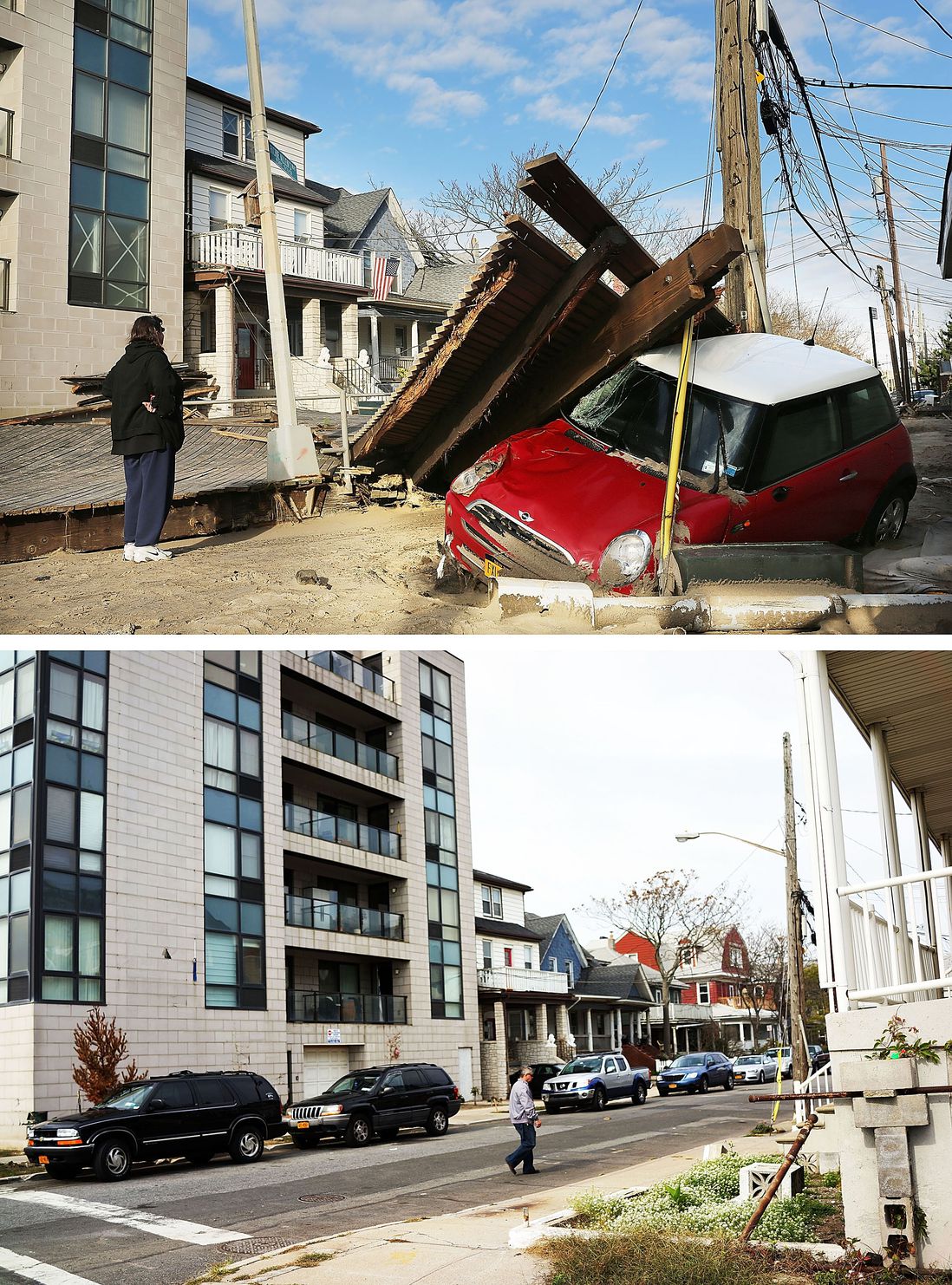 [Top] A woman looks at a damaged car, after Hurricane Sandy October 31, 2012 in the Queens borough of the Queens borough of New York City. [Bottom] A man walk down a street on October 20, 2013.